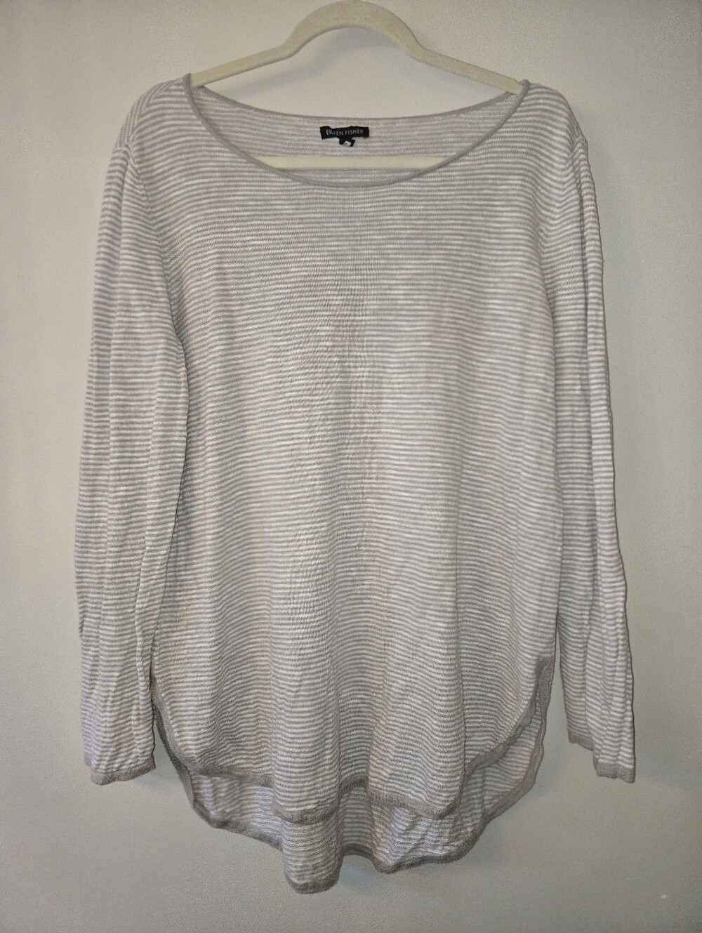Eileen Fisher Beige White Stripe Knit Linen Long Sleeve Top [Large] Coastal